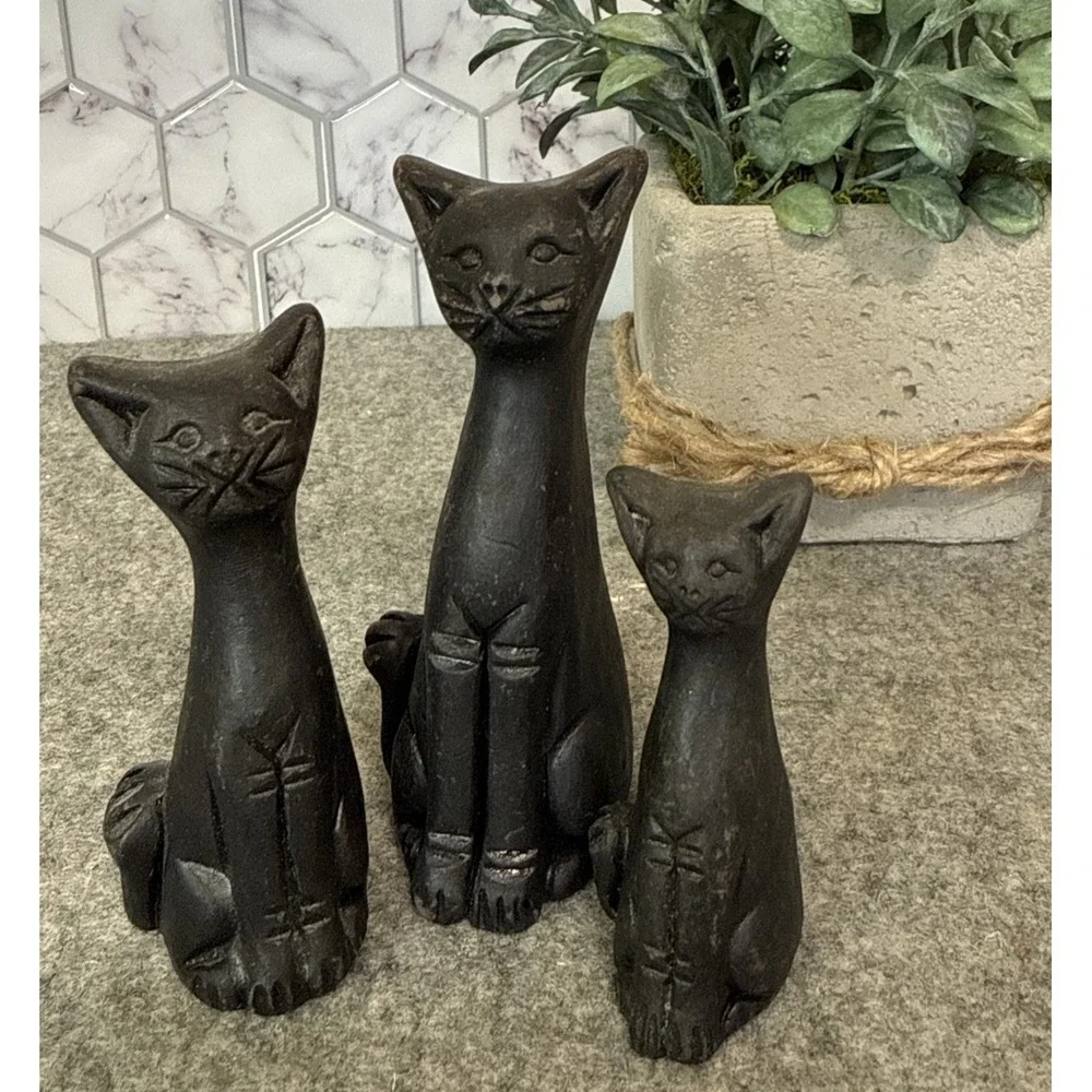 Vtg Black Clay Long Neck Tall Cat Lot Of 3 Shelf Sitter Figurines 4 To 2.25 In